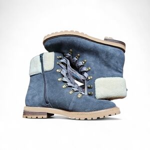 Lands' End Women's Cozy Suede Lace Up Ankle Boots Side Zip Charcoal Size 8.5